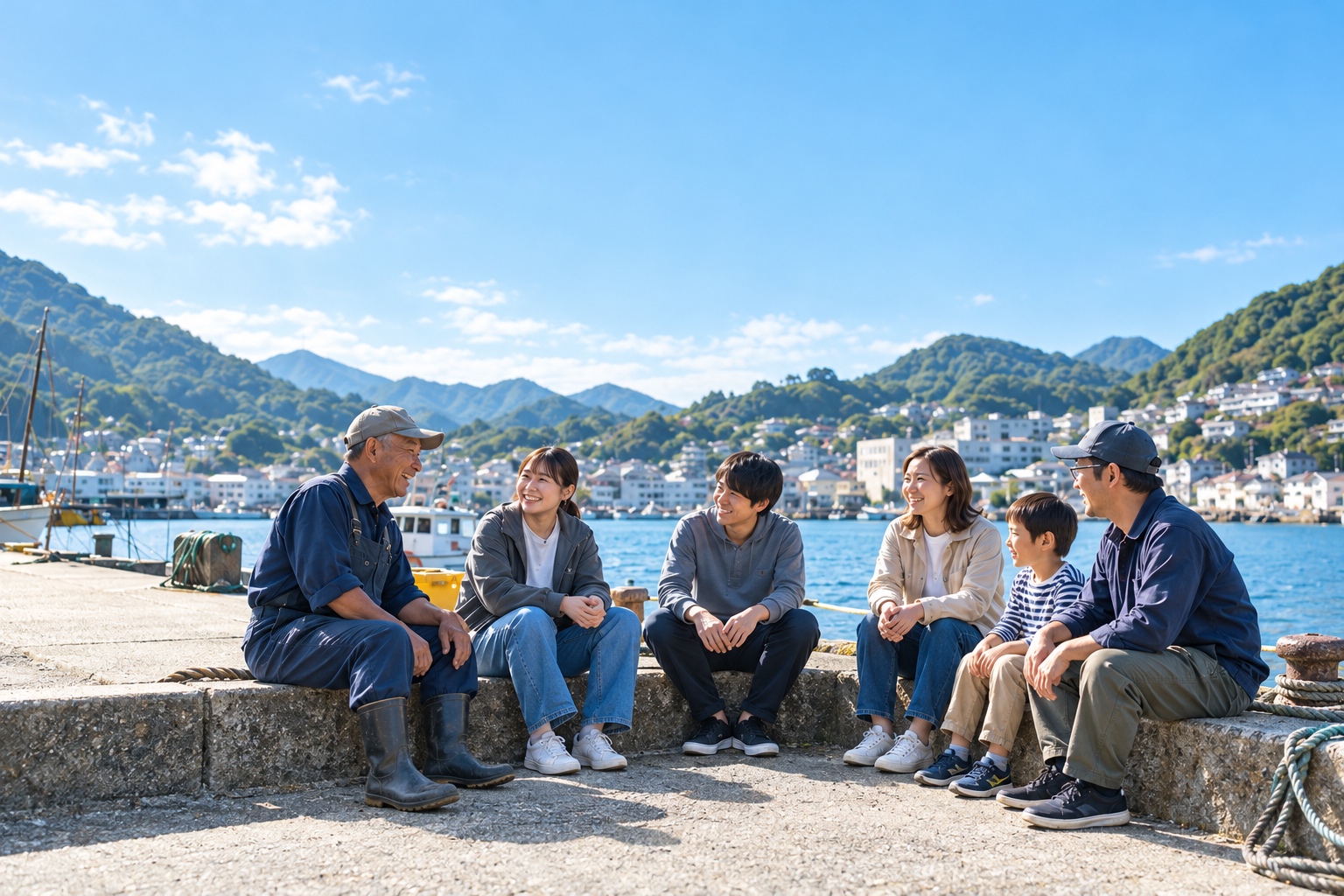 伊方町の海辺で地域の人と若者が語り合う様子